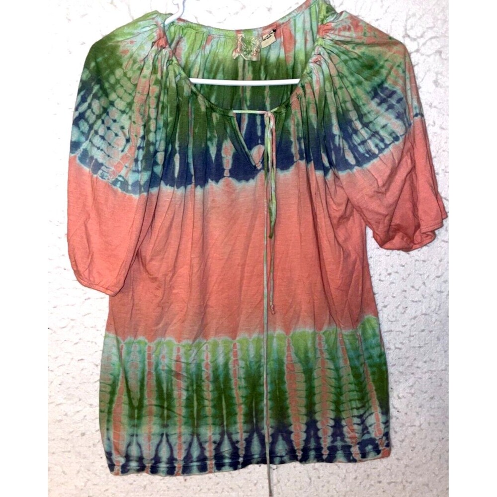 Womens Tie Dye Short Sleeve Tunic Sz L Bohemian Vintage Lucky Cotton Modal